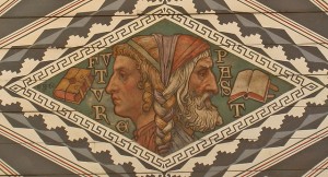 Detail of the painted ceiling in Waltham Abbey parish church, depicting the two-faced god Janus (photo by Steve Day, via Flickr)