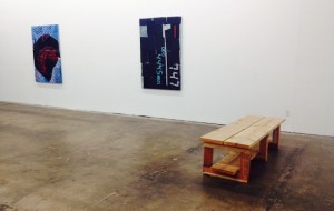 Brendan Fowler, from left to right: “[To be titled]” (2014), “Going Home Early” (2013) and “Bench” (2014) (all photos by the author for Hyperallergic)