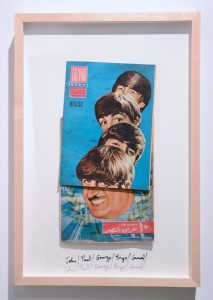 Michael Rakowitz, “John! Paul! George! Ringo! Gamal!” (2014). Yugoslav Flimski Svet magazine (translation = Movie World) October 8, 1964 on Al Musawar magazine, 1960 23.75 x 16.75 inches, framed. All images courtesy of Rhona Hoffman Gallery.